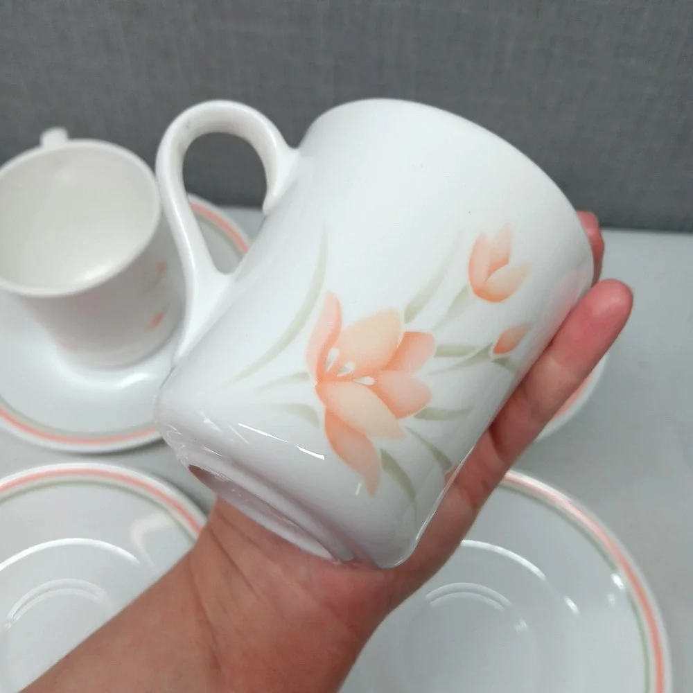 Vintage Corelle Peach Floral Cup Saucer Set‎ 4 Pink Green Stripe USA